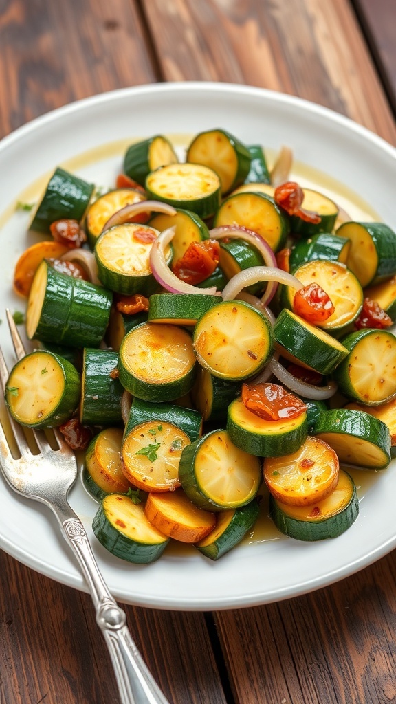 Sautéed zucchini and onions garnished with herbs on a plate.